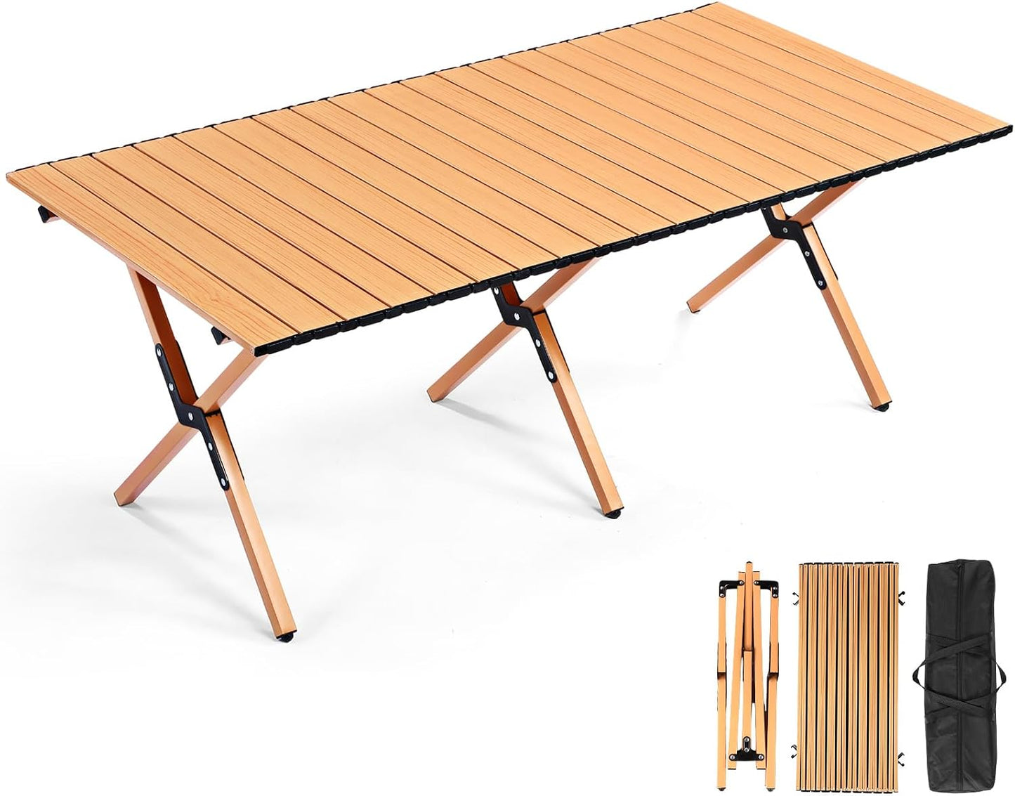 2 Pack 4FT Folding Camping Table, Roll Up Portable Camp Table with Carry Bag, Low Collapsible Lightweight Aluminum Outdoor for Camping, Picnic, Beach, Patio, Kitchen (Yellow Wood Color)