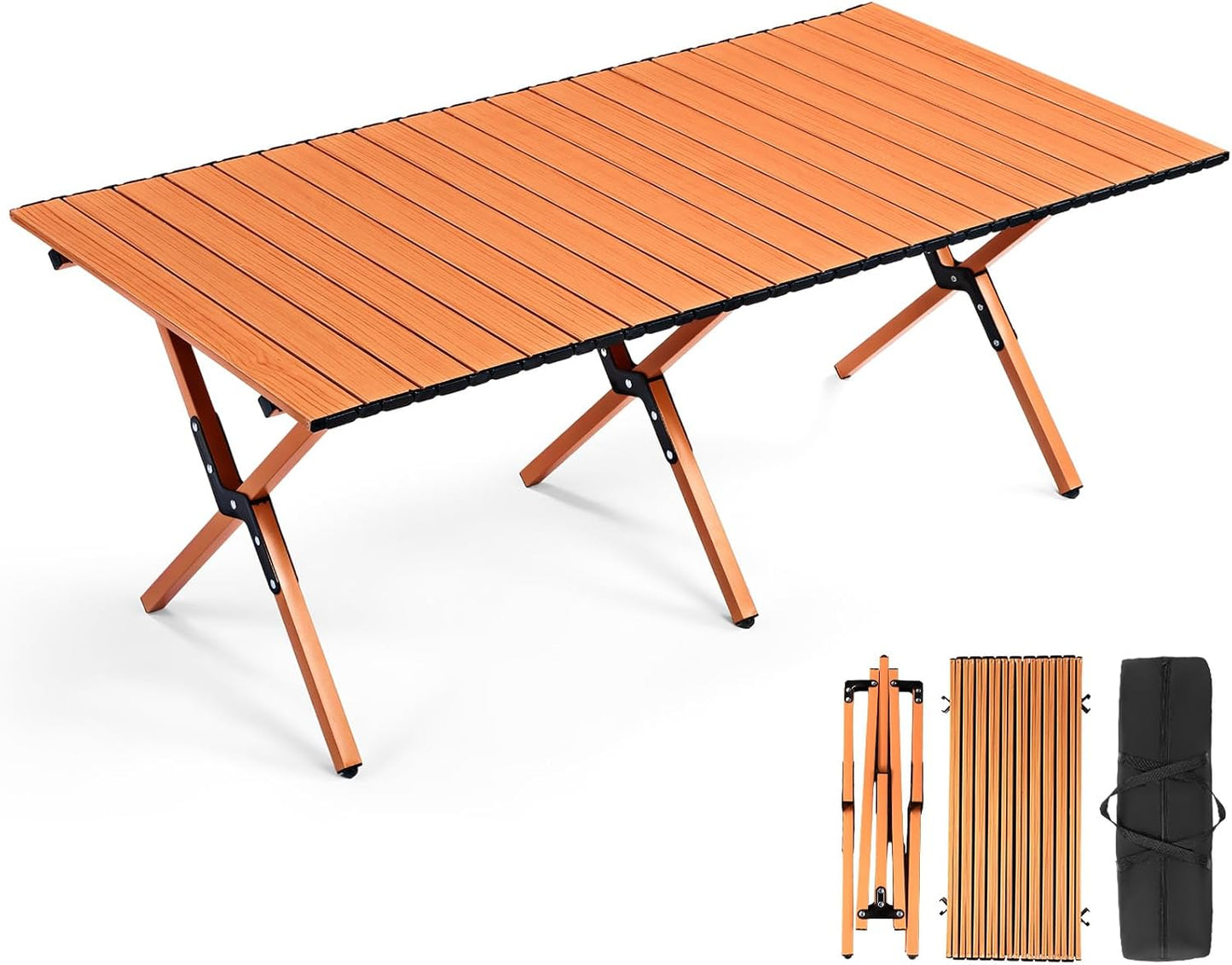 2 Pack 4FT Folding Camping Table, Roll Up Portable Camp Table with Carry Bag, Low Collapsible Lightweight Aluminum Outdoor for Camping, Picnic, Beach, Patio, Kitchen (Yellow Wood Color)